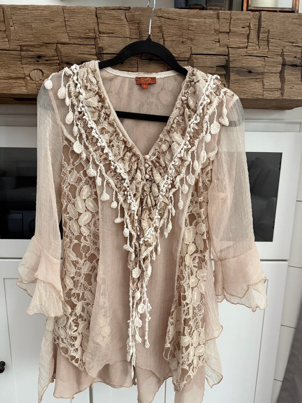 Scully Boho Lace Crochet Trim Blouse Sz S Sheer Silk Bell Sleeve Festival Top